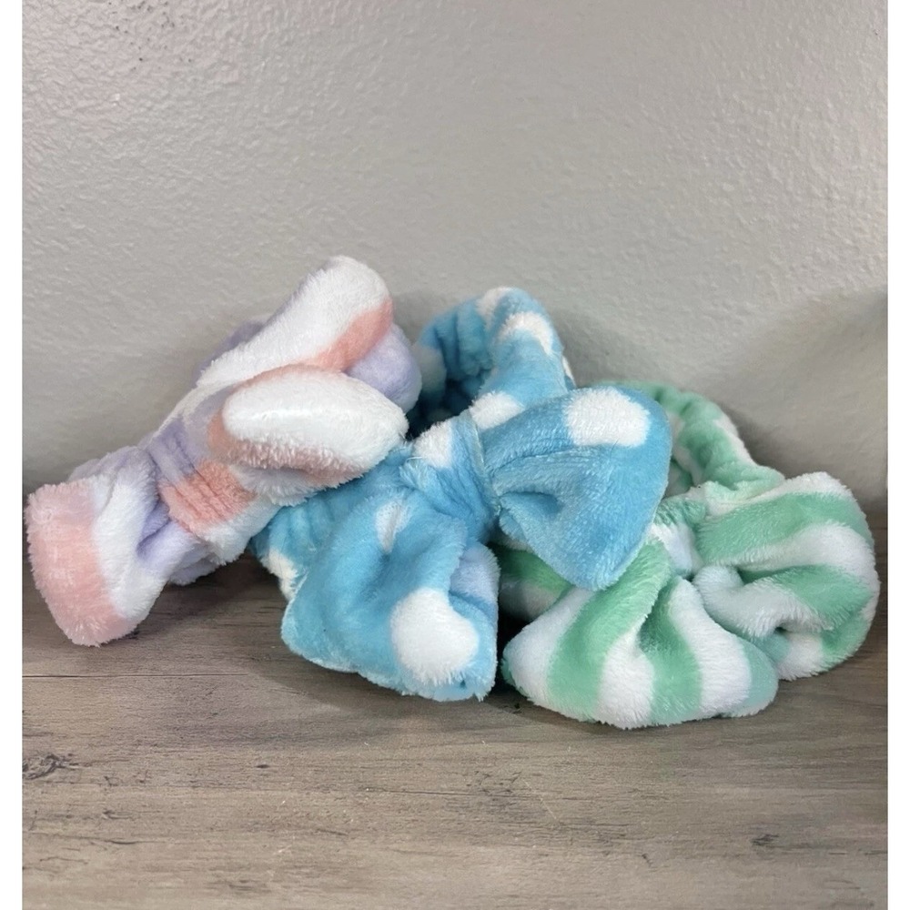 3 Fuzzy Spa Makeup Headbands Bow Face Washing Skincare Head Wrap Set NWOT